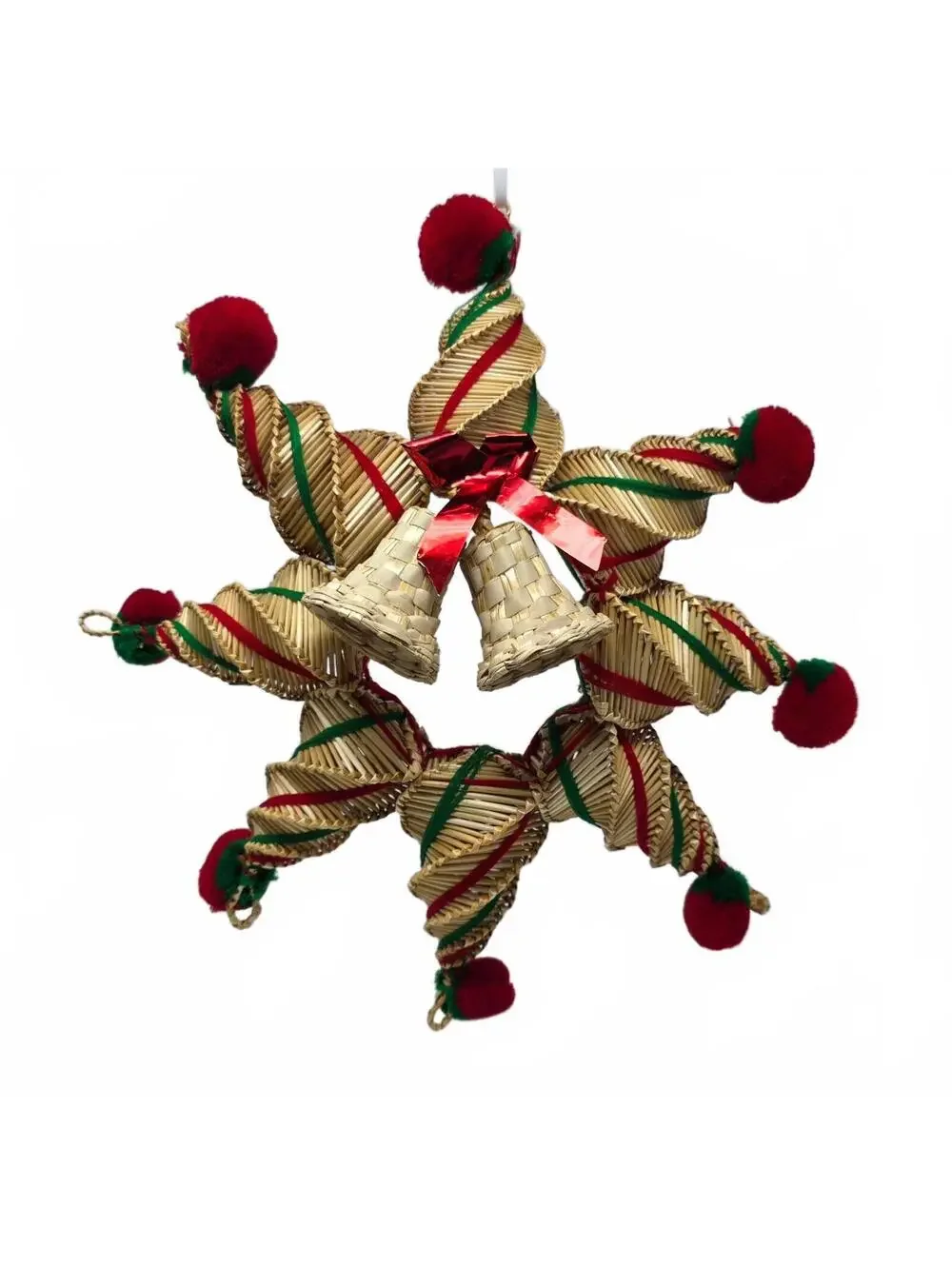 Vintage Scandinavian Style Straw Christmas Star Wreath Bells 13 Inch